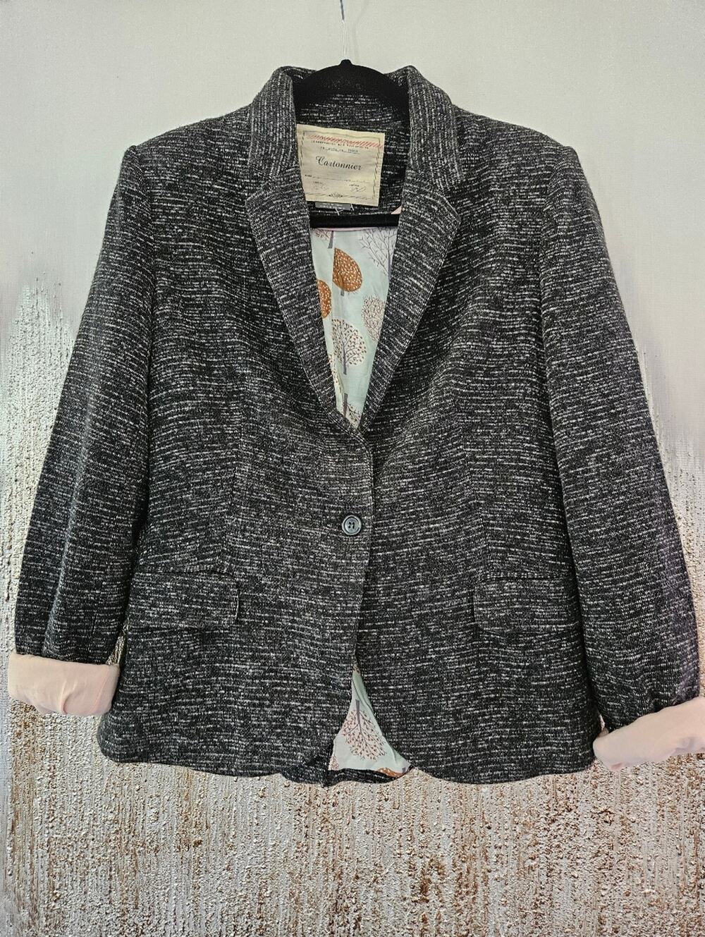 Anthropologie Black & Gray Textured Blazer with Pink Cuff Detail
